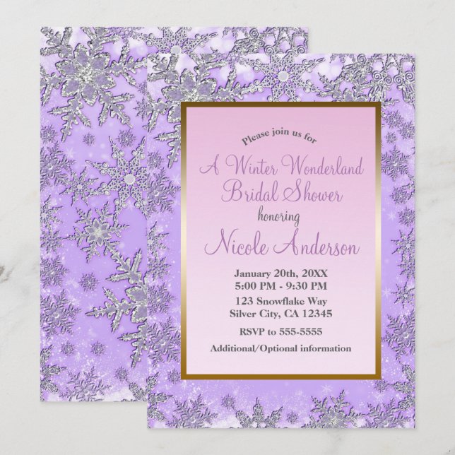 Purple Pink Snowflakes Winter Bridal Shower Invitation (Front/Back)