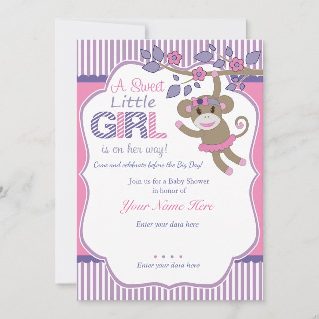 Purple Pink Sock Monkey Baby Shower Invitation (Front)