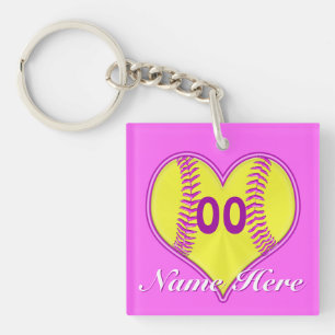 Purple Pink Softball Keychains, NAME and NUMBER Key Ring