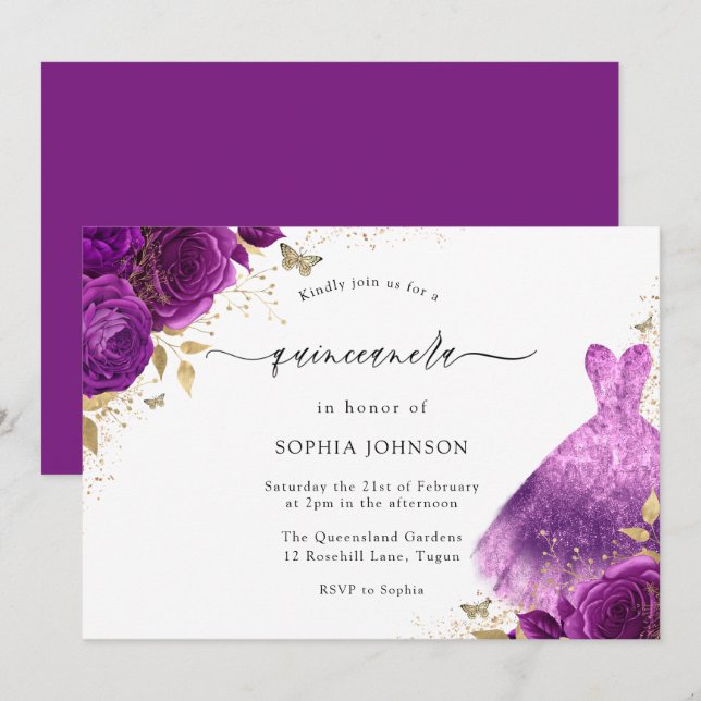 Purple Pink Sparkle Dress Rose Quinceanera Party Invitation (Front/Back)