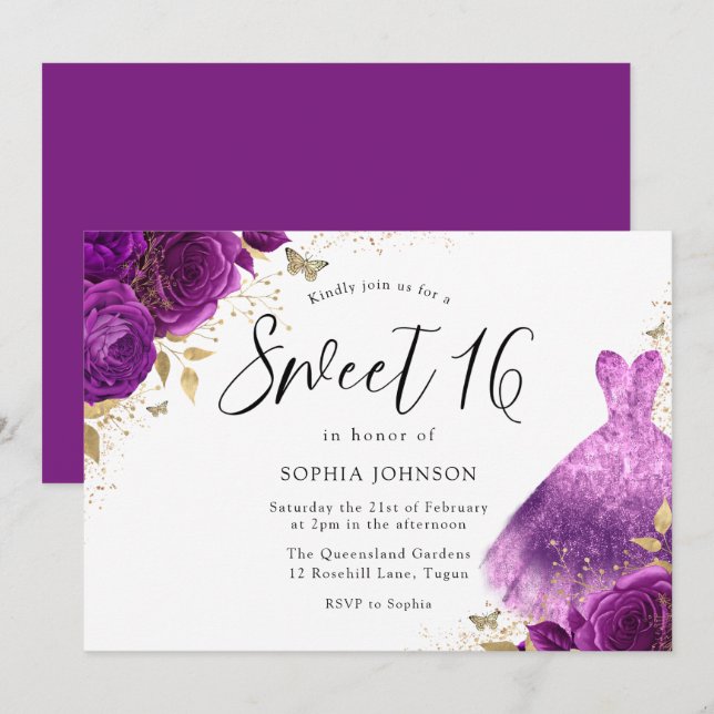 Purple Pink Sparkle Dress Rose Sweet 16 Party Invitation (Front/Back)