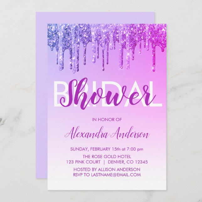 Purple Pink Sparkle Glitter Bridal Shower Invitation (Front/Back)