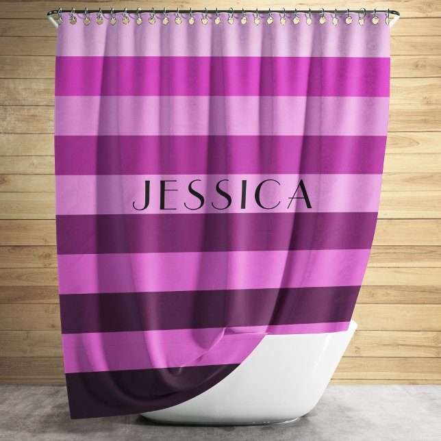 Purple Pink Striped Pattern Personalised Name Shower Curtain (Modern Pink Stripes Pattern Name Shower Curtain)