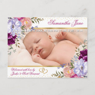 Purple & Pink Summer Flowers Baby Birth Announcement Postcard