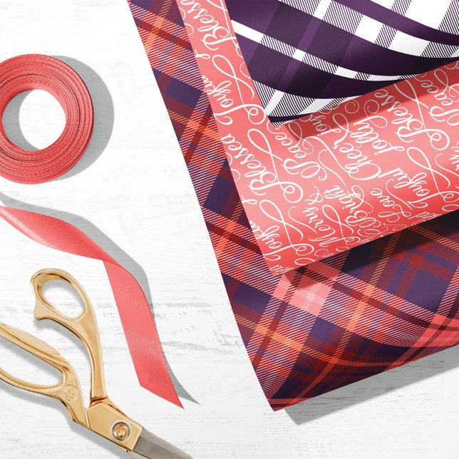 Purple & Pink Tartan Plaid Christmas Typography Wrapping Paper Sheet (Creator Uploaded)