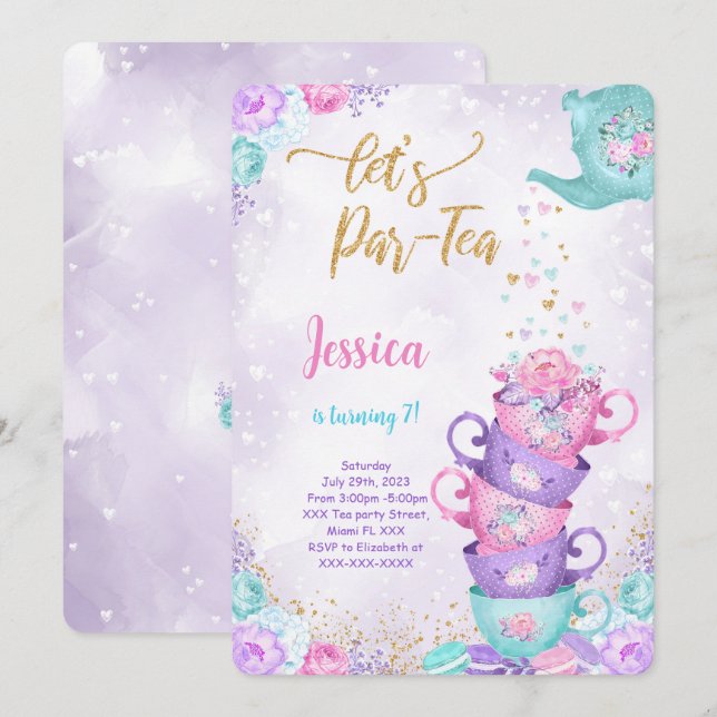 Purple & Pink Tea Party Birthday Invitation (Front/Back)