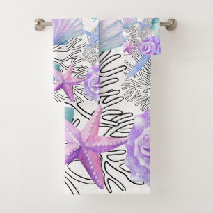 Purple Pink Teal And White Seashells Bath Towel Set