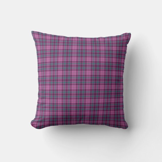 Purple Pink Teal Black Plaid Tartan Cushion (Front)