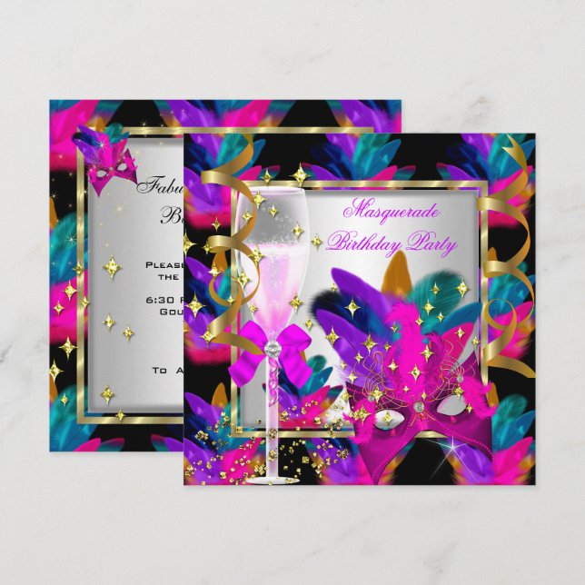 Purple Pink Teal Blue Masquerade Party Birthday Invitation (Front/Back)
