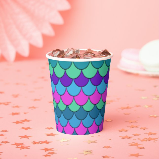 Purple Pink Teal Mermaid Scales Birthday Party Paper Cups (Insitu)