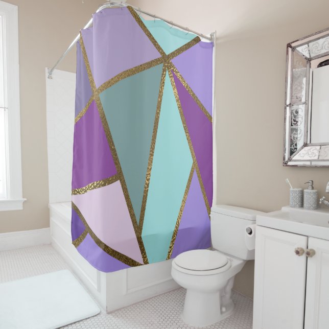 Purple Pink Teal Turquoise & Bronze Gold Geometric Shower Curtain (In Situ)