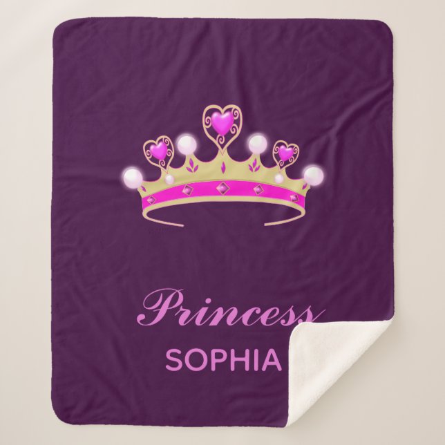 Purple pink tiara princess girl name sherpa blanket (Front)