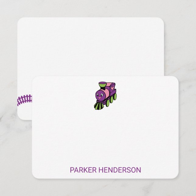 Purple Pink Toy Train Personal Kids Stationery Thank You Card (Front/Back)