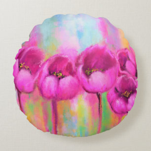 Purple Pink Tulips Round Pillow