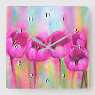 Purple Pink Tulips - Spring Art Original Painting Square Wall Clock