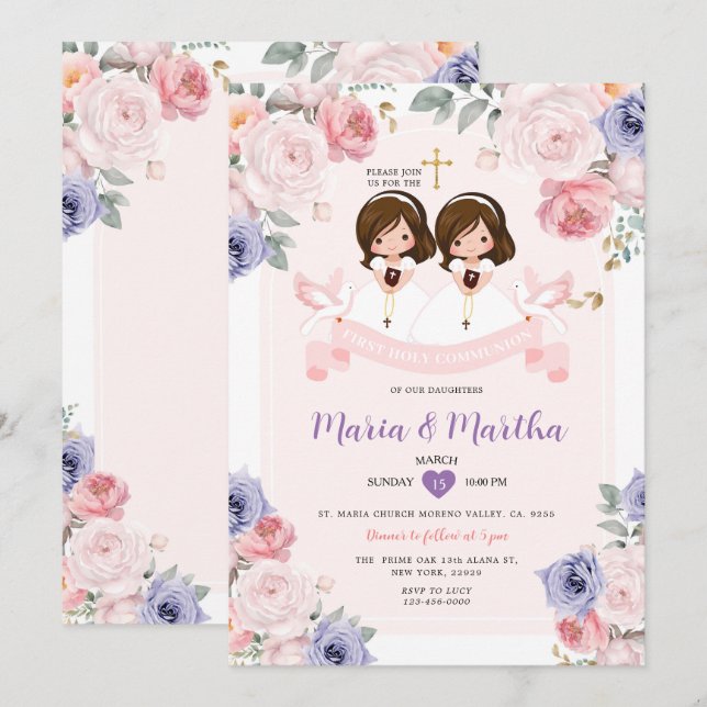 Purple & Pink TWIN Girl 1st Holy Communion Floral Invitation (Front/Back)