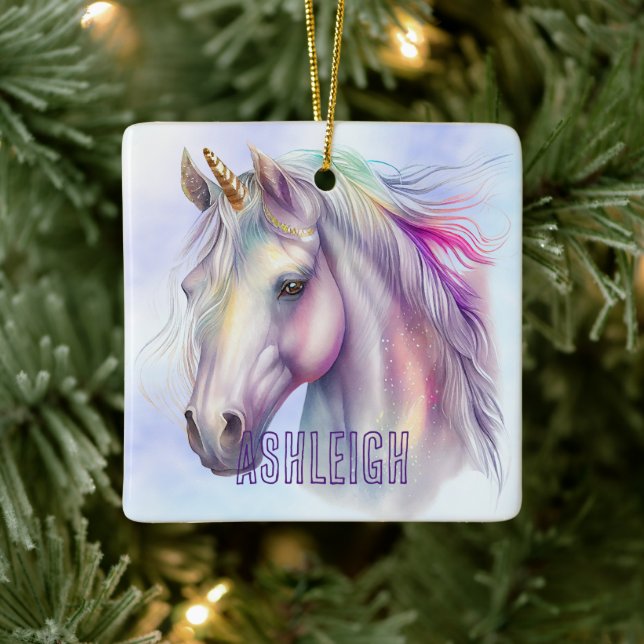 Purple Pink Unicorn Name Ceramic Ornament (Tree)