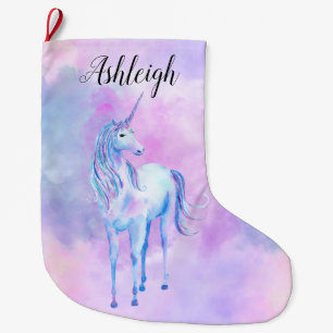 Purple Pink Unicorn Watercolor Name Large Christmas Stocking