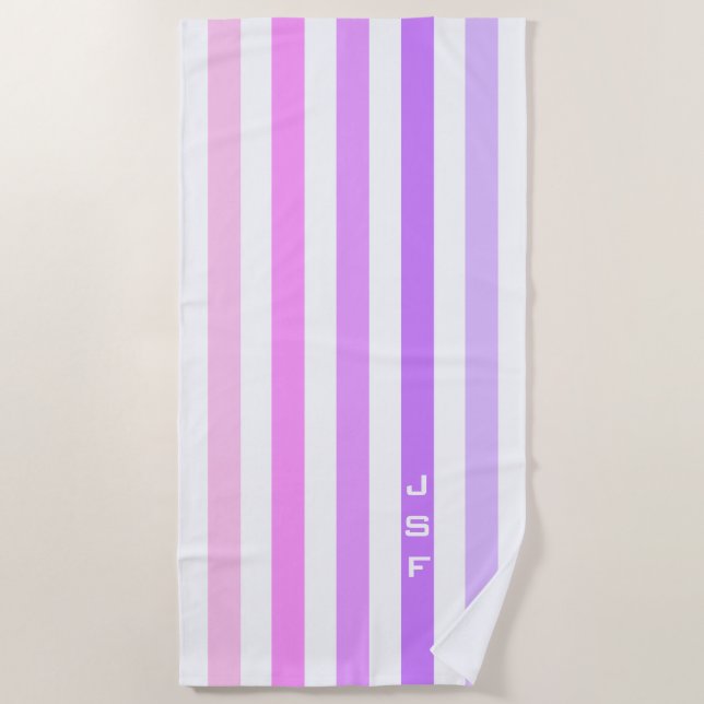 Purple & Pink Vertical Stripes Monogram Beach Towel (Front)