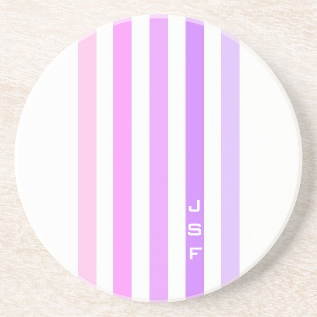 Purple & Pink Vertical Stripes Monogram Coaster (Front)