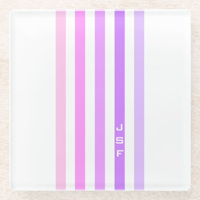 Purple & Pink Vertical Stripes Monogram Glass Coaster (Front)