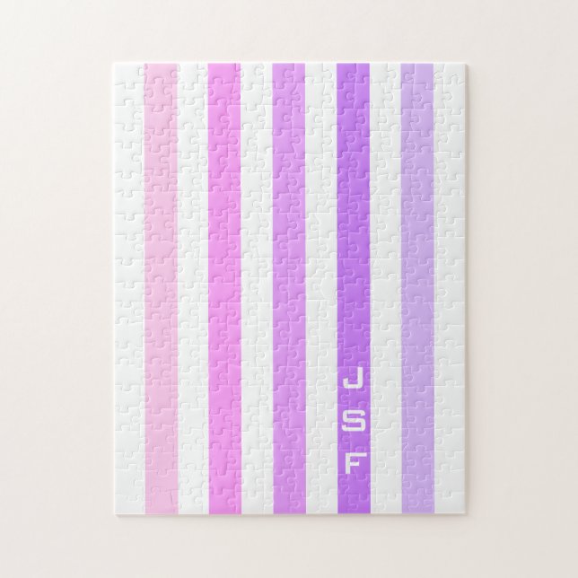 Purple & Pink Vertical Stripes Monogram Jigsaw Puzzle (Vertical)