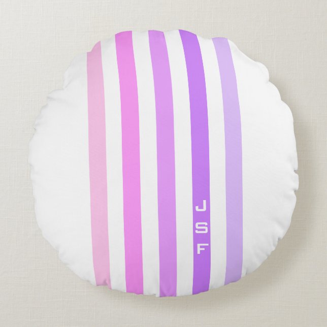 Purple & Pink Vertical Stripes Monogram Round Cushion (Front)