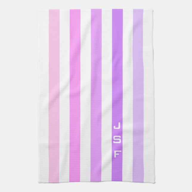 Purple & Pink Vertical Stripes Monogram Tea Towel (Vertical)