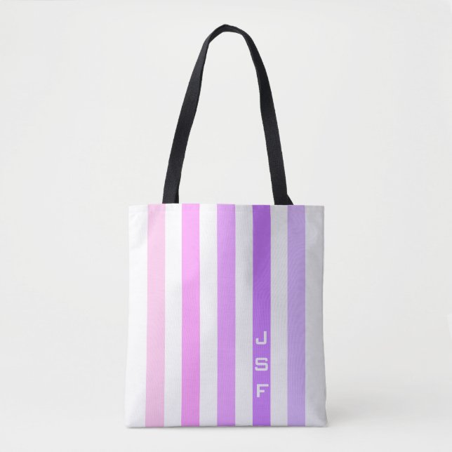 Purple & Pink Vertical Stripes Monogram Tote Bag (Front)