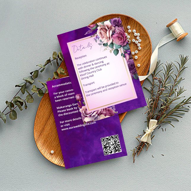 Purple pink vintage roses elegant wedding enclosure card (Purple pink vintage roses elegant wedding details enclosure card invitation suite)