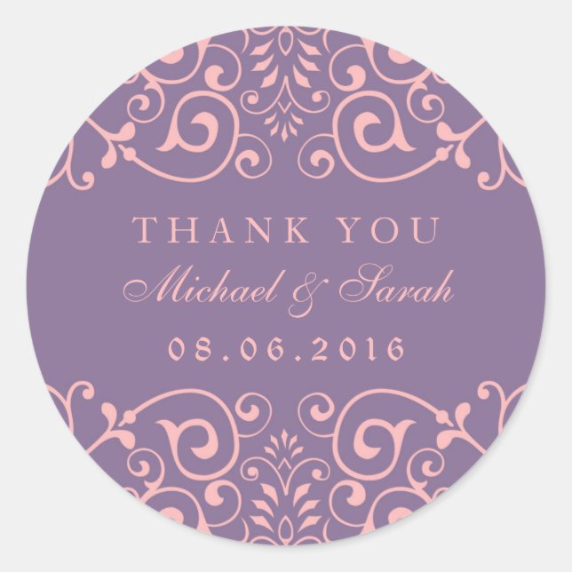 Purple Pink Vintage Swirl Flower Thank You Sticker (Front)