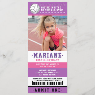 Purple Pink Volleyball Ticket Birthday Photo Invitation