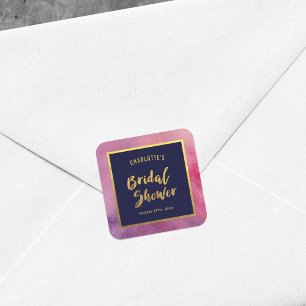 Purple Pink Watercolor and Faux Gold Bridal Shower Square Sticker