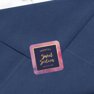 Purple Pink Watercolor and Faux Gold Sweet Sixteen Square Sticker
