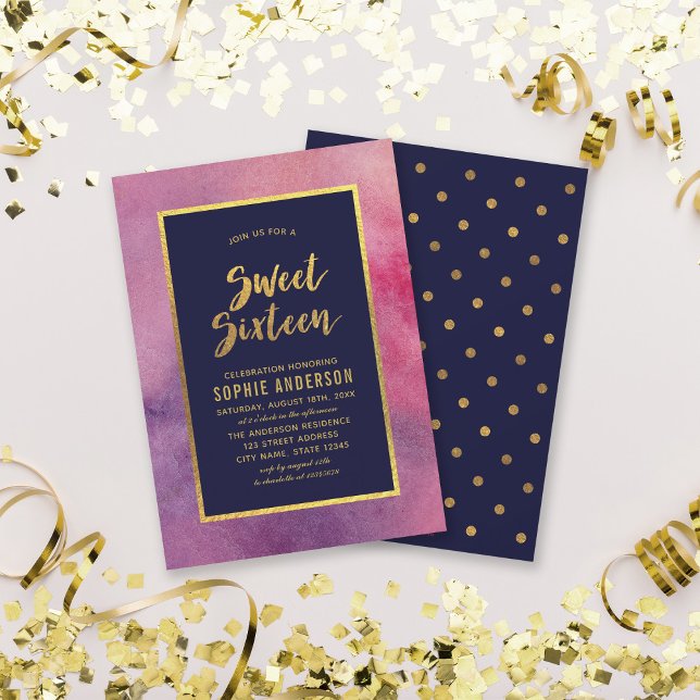 Purple Pink Watercolor & Faux Gold Sweet Sixteen Invitation (Creator Uploaded)