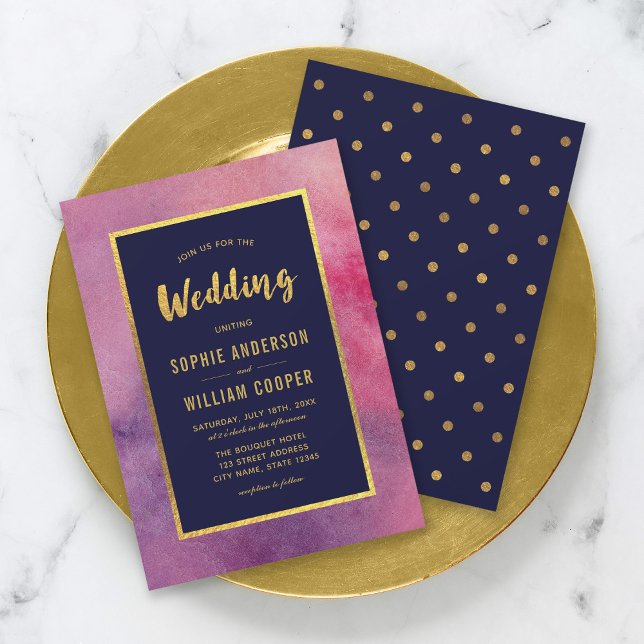 Purple Pink Watercolor & Faux Gold Wedding Invitation (Creator Uploaded)
