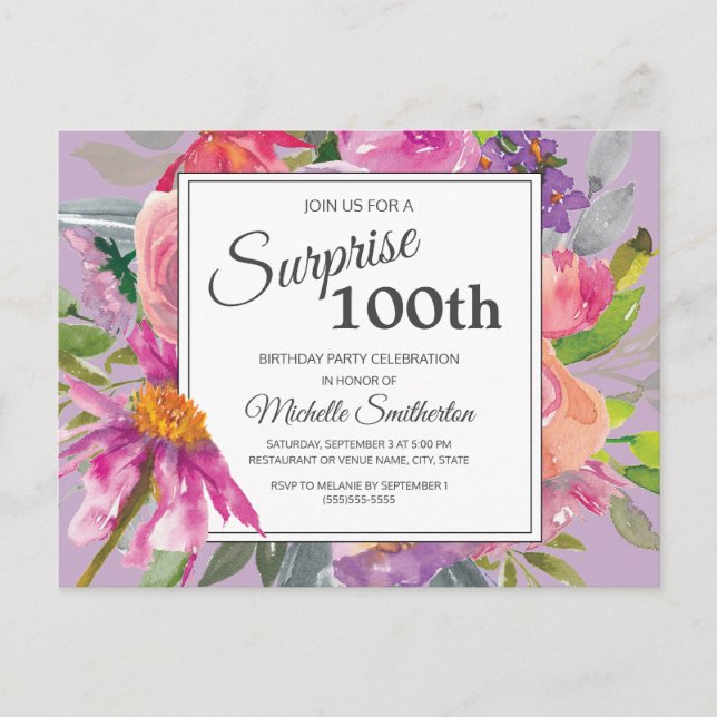 Purple Pink Watercolor Floral 100th Birthday Postcard (Front)