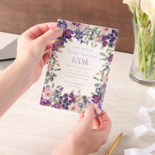 Purple Pink Watercolor. Floral 100th Birthday  Vellum Invitations