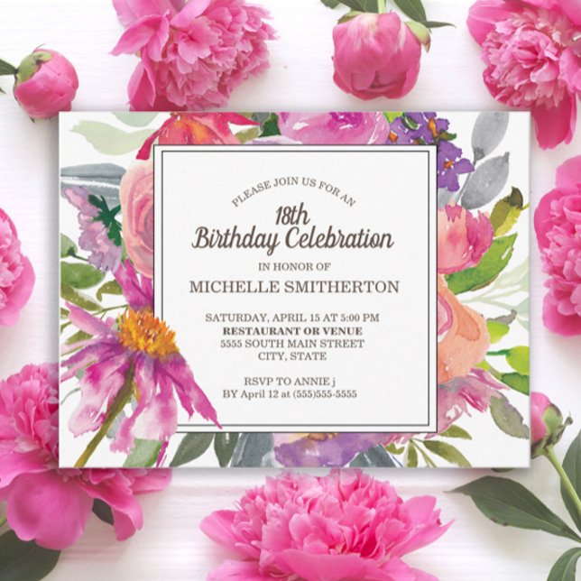 Purple Pink Watercolor Floral 18th Birthday Party Postcard (Pink and purple watercolor wildflowers 18th birthday postcard)