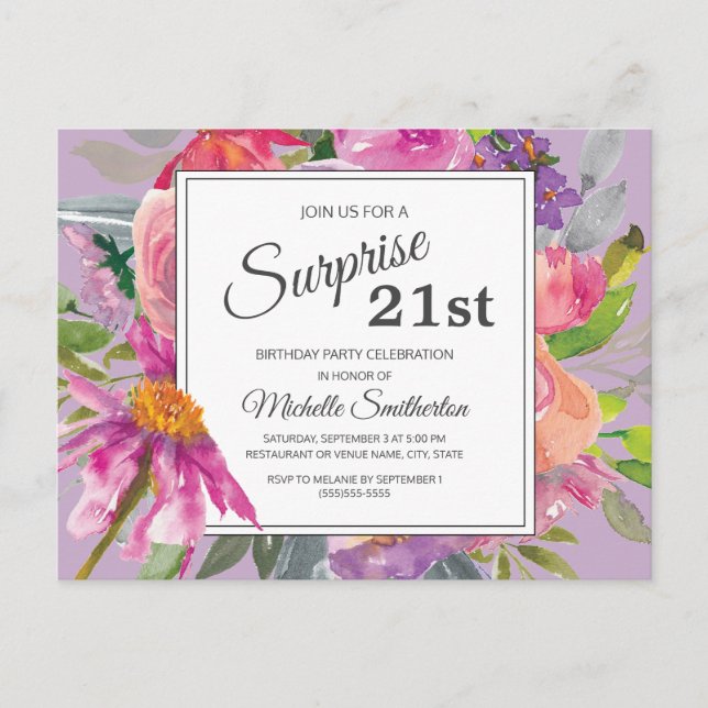 Purple Pink Watercolor Floral 21st Birthday Postcard (Front)