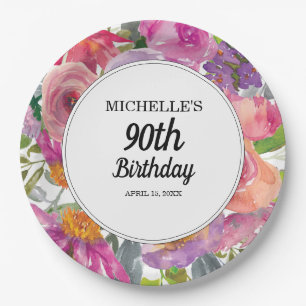 Purple Pink Watercolor Floral 90th Birthday Paper Plate