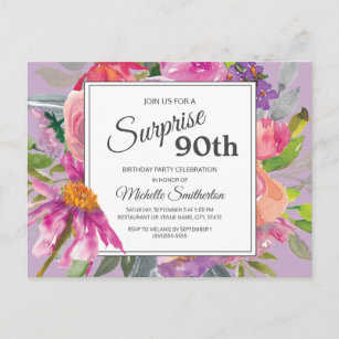 Purple Pink Watercolor Floral 90th Birthday Postcard