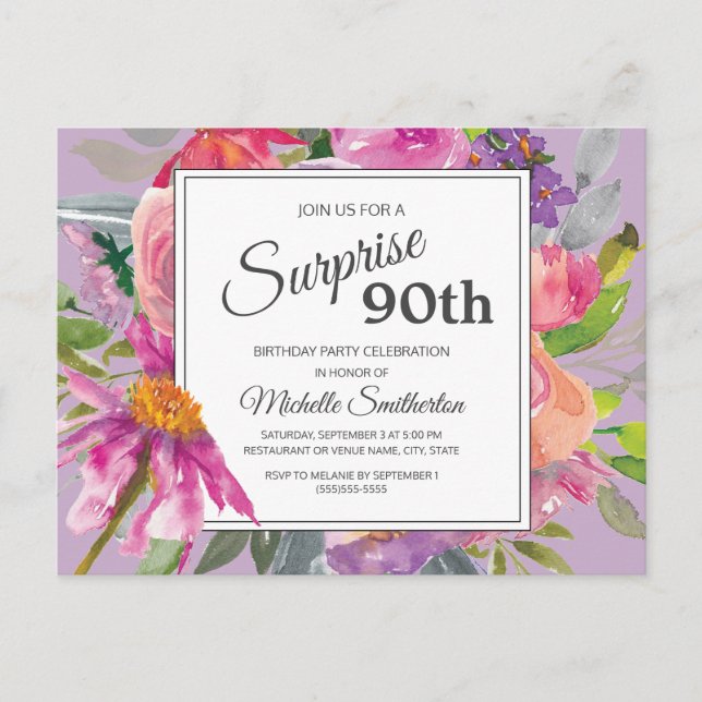 Purple Pink Watercolor Floral 90th Birthday Postcard (Front)