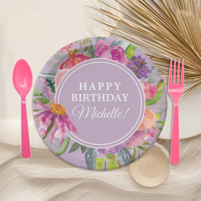 Purple Pink Watercolor Floral Birthday Party Paper Plate (Pink and purple watercolor floral birthday party paper plate )