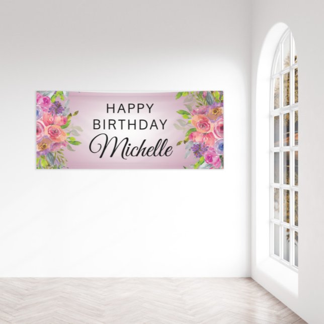 Purple Pink Watercolor Floral Happy Birthday Name Banner (Creator Uploaded)