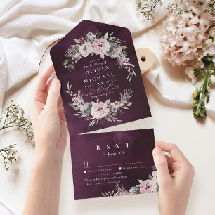 Purple pink watercolor floral rustic boho wedding all in one invitation