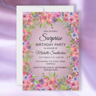 Purple Pink Watercolor Floral Surprise Birthday Invitation