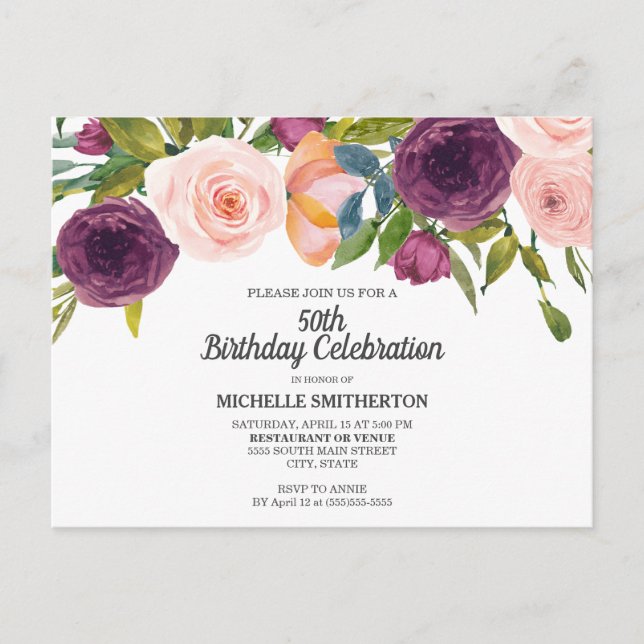 Purple Pink Watercolor Floral White 50th Birthday Postcard (Front)