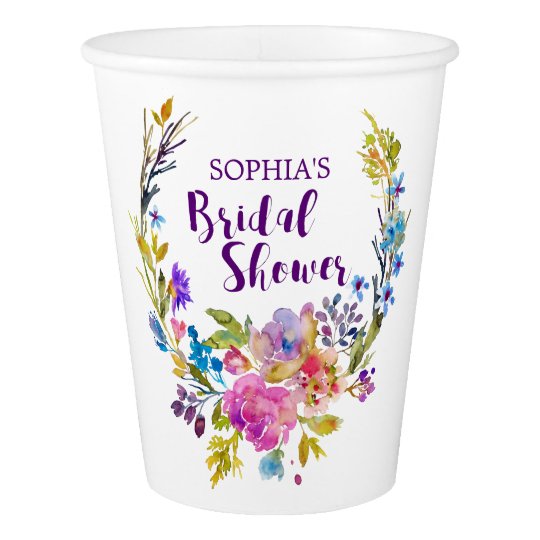 Purple Pink Watercolor Floral Wreath Bridal Shower Paper Cup