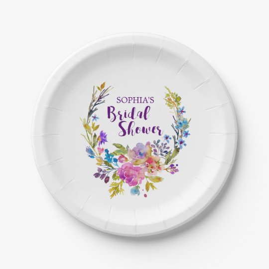 Purple Pink Watercolor Floral Wreath Bridal Shower Paper Plate